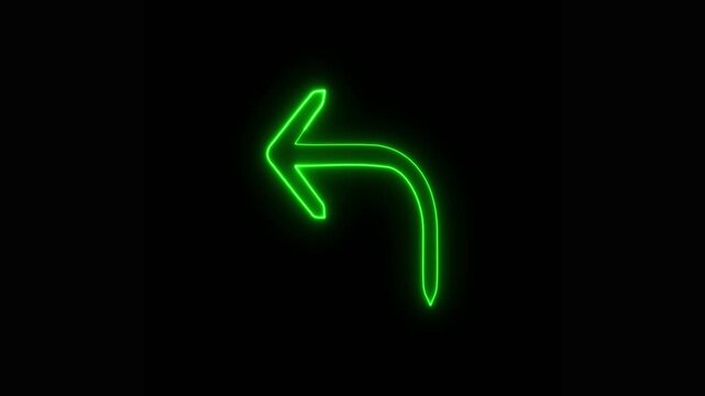 Glowing neon green curved arrow pointing left animation on a black background, digital navigation, web interface direction, or backward reply motion