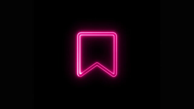Glowing pink neon bookmark light loop animation on a black background, social media, digital saving, content curation, or website interface