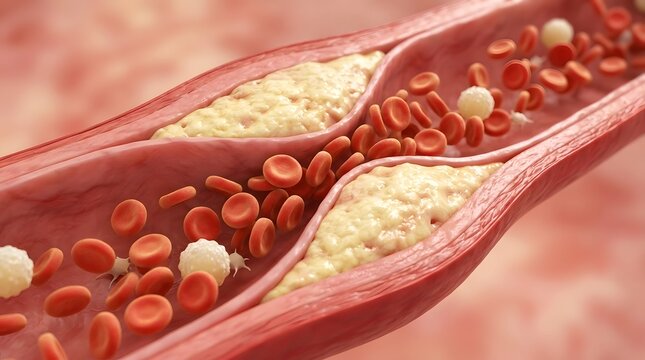 A detailed 3D medical visualization showing a human artery interior with significant plaque buildup.