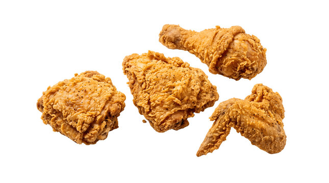 Crispy fried chicken pieces on white background, golden brown breaded poultry assortment, crunchy deep fried chicken drumstick and wings