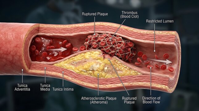A detailed medical cross-section showing a ruptured plaque and thrombus inside a human blood vessel.