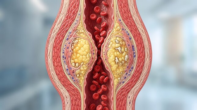 A medical cross section of an artery showing severe cholesterol plaque causing a major blockage.