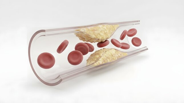 Cholesterol plaque inside an artery showing restricted blood flow in a 3D medical illustration.