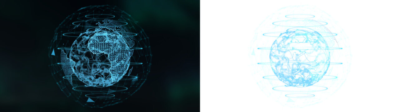 Digital network global cybersecurity protection hologram with map data protection with glowing network nodes and blue light