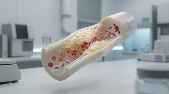 A high-quality 3D medical animation frame showing plaque buildup inside a human artery structure.
