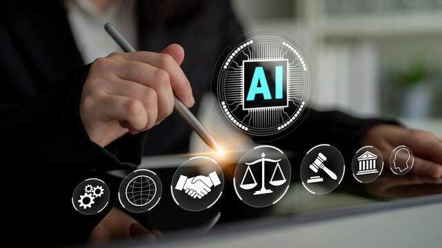 Business professional using tablet with digital AI symbols and legal icons representing technology and law integration in modern workplace Fluxor.
