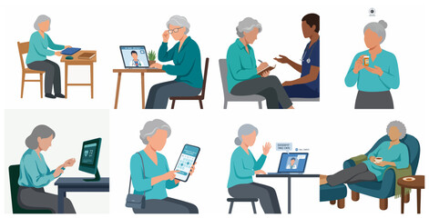 Fototapeta premium Senior woman using digital technology for healthcare and telemedicine services illustration set