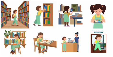 Fototapeta premium Vector illustration set of a young girl visiting a library, reading books, using digital devices, and studying.