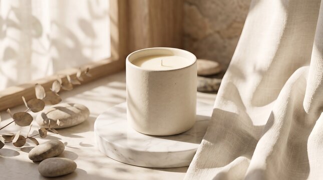 Minimalist natural candle in ceramic holder on marble slab with pebbles and fabric.