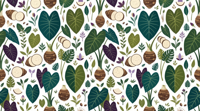 Seamless pattern featuring taro leaves and root tubers.