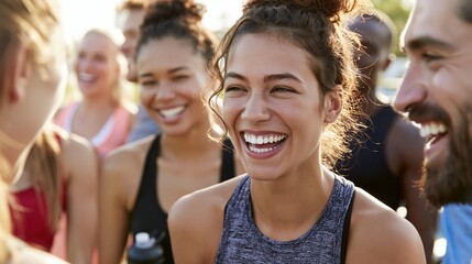 Fototapeta premium Friends Laugh Together During Outdoor Fitness Class in a Park on a Sunny Day