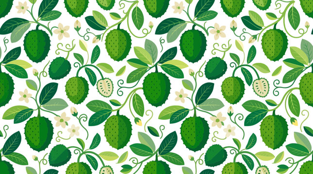Seamless pattern with soursop fruits and green leaves