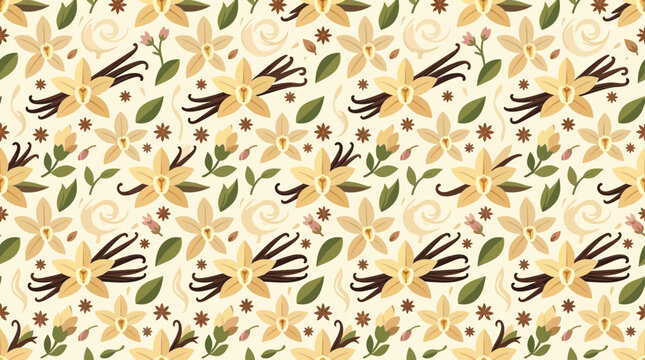 Seamless vanilla flower and bean pod pattern.