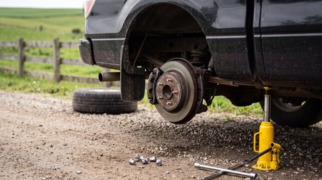 Roadside Tire Change Demonstration of a Black Truck Requiring a Wheel Replacement on a Rural Dirt Path