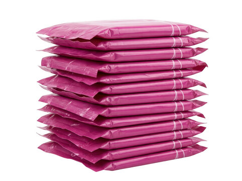 Stack of pink sanitary pads in individual wrappers isolated on transparent background