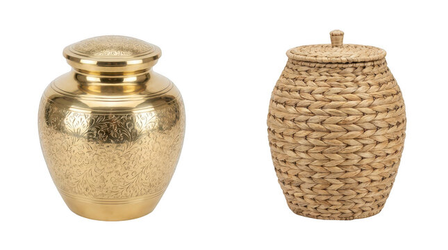 Two decorative funeral urns for ashes isolated on transparent background