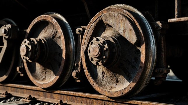 Rusted train wheels rest on tracks, showing age, decay. Industrial parts show signs of wear, with bolts securing worn metal components against dark shadows, bright sunlight. Image evokes past