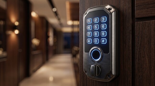 Modern electronic smart door lock with a glowing digital keypad installed on a dark wooden door in a luxury home
