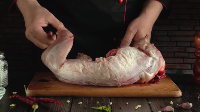 Chef in black apron holds raw rabbit meat above wooden cutting board, showcasing its texture and form, with spices and kitchenware arranged in the background for culinary preparation