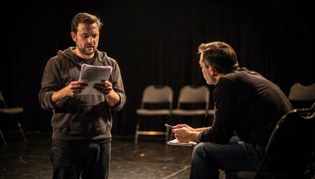 Medium shot of an actor performing a cold reading holding a script while the director studies the performance intently the dimly lit stage edges blurred.