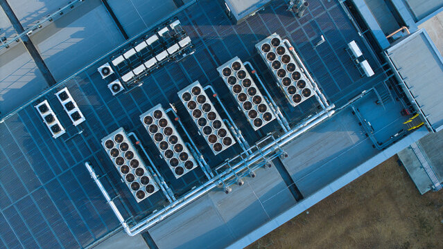 Aerial view of HVAC cooling units on the roof of a building at Harwell Science and Innovation Campus in Didcot, England, United Kingdom.