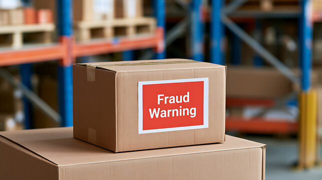 Cardboard Box with 'Fraud Warning' Label in a Warehouse Setting, Emphasizing Security, Risk, and Caution in Logistics and Shipping