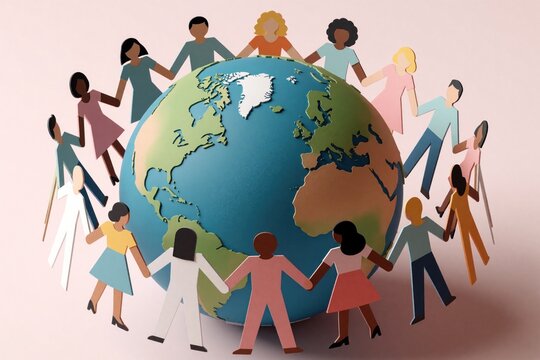 Paper doll people hold hands around blue earth globe. Diverse group of cardboard figures stand in circle together. Concept of global community unity peace teamwork international cooperation humanity