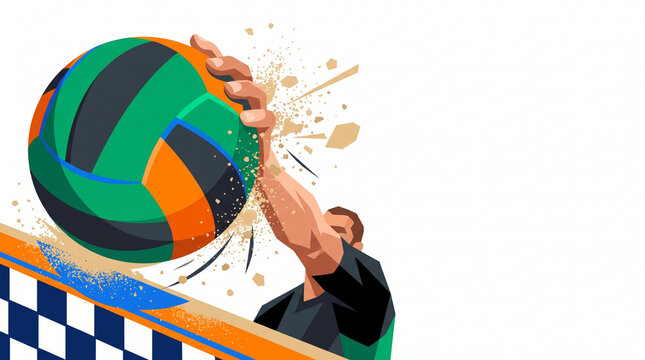 Man playing beach volleyball and hitting ball with enthusiasm  