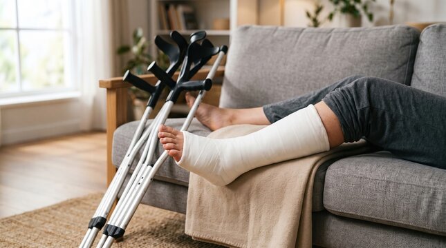 Adult recovering at home with leg cast and crutches