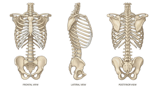 Human rib cage and spine anatomy in frontal, lateral, and posterior views isolated on transparent background