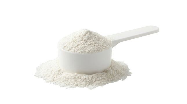 Scoop of white protein powder isolated on transparent background