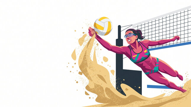 Female volleyball player diving to hit ball in sandy court  