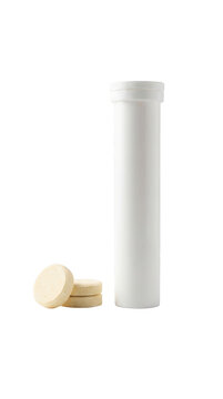 Effervescent tablets and plastic tube isolated on transparent background