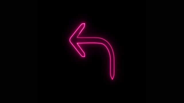 Glowing pink neon curved arrow animation pointing left on a black background, digital navigation, wayfinding direction, back button, or undo action
