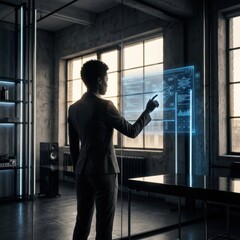 Fototapeta premium Professional Interacting With Futuristic Holographic Display in Modern Office