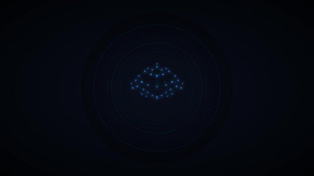 Abstract futuristic glowing blue light dots forming a geometric triangular shape on dark circular background for technology design