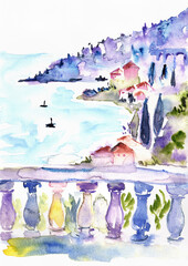 Ventimiglia coastal view from a balcony, hand-painted watercolor © pronoia