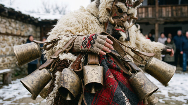Kukeri brass bells in motion, close-up documentary view