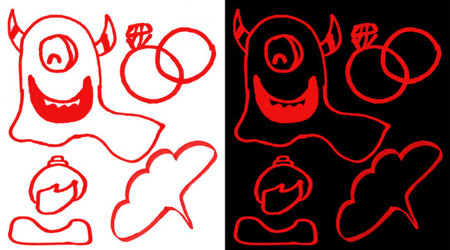 Hand-drawn monster doodle set, red ink sketch of cyclops creature and abstract shapes, minimalist line art illustrations on white and black background