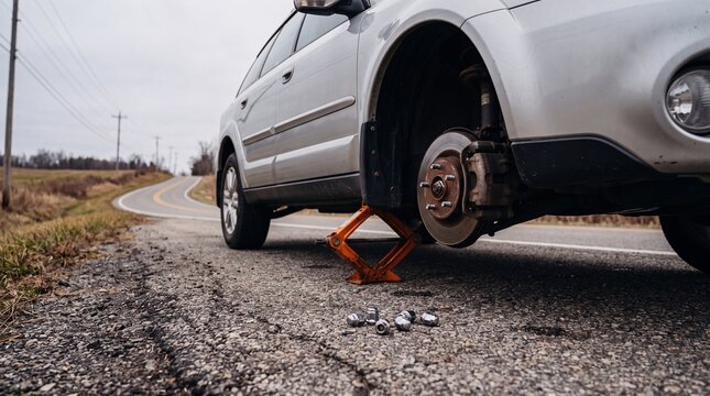 Roadside Assistance Fixing a Flat Tire on a Silver Suv to Resume Journey Safely and Efficiently on a Rural Road