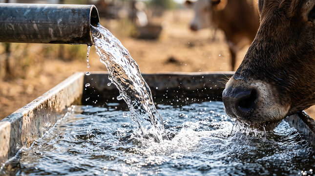 climate impact on agriculture. Cow drinking from a water trough with flowing water in a rural farm setting, surrounded by dry grass and distant livestock in the background