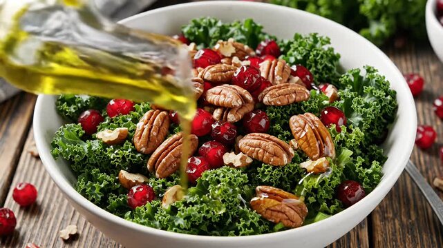 Healthy kale salad with pecans and cranberries.