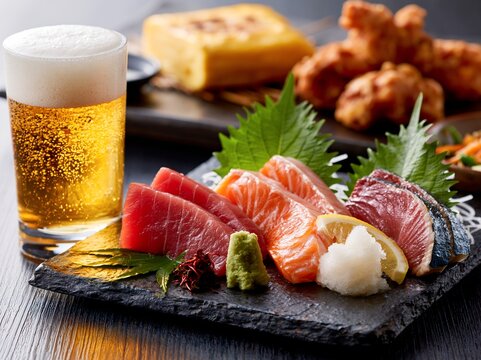 贅沢な刺身盛り合わせとビール和食居酒屋での晩酌ディナー