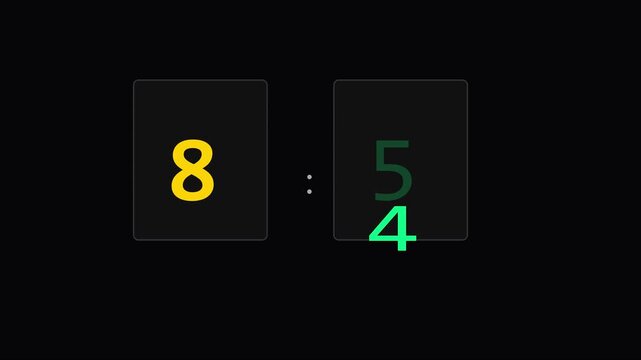 Digital countdown timer display showing numbers eight and four changing to five on animation 4k black background