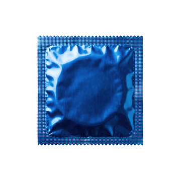 Blue condom in a square foil wrapper isolated on transparent background