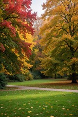 Obraz premium Colorful autumn trees with red, yellow leaves stand in peaceful park. Green grass covers ground under bright sunlight. Scenic nature landscape shows seasonal change in beautiful garden during fall