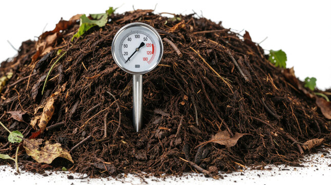 Compost thermometer stuck in dark organic soil pile with leaves and sticks. Monitoring temperature for decomposition process. Sustainable gardening and eco-friendly agriculture concept.