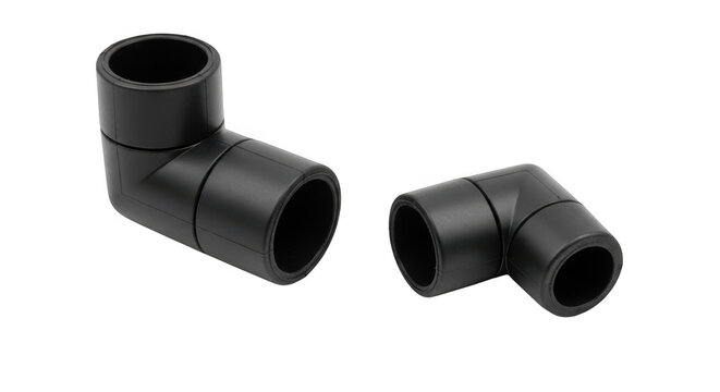 Two black plastic pipe connectors isolated on transparent background