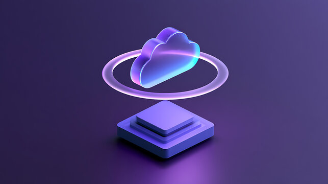 Abstract cloud computing icon with a glowing ring above a minimalist square platform, symbolizing data storage and digital services on a dark purple background