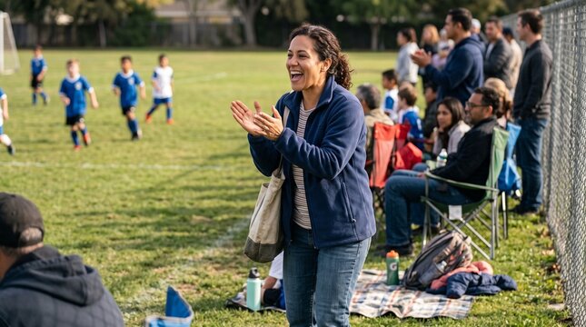 Excited mother cheers for her son during a youth soccer game on a sunny day
